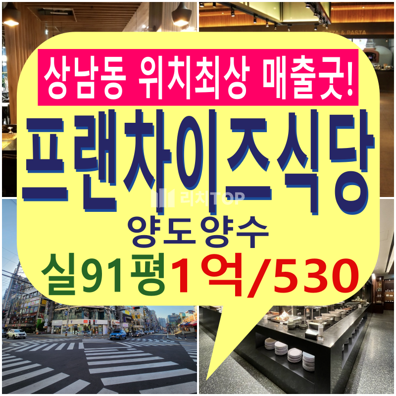 경남 창원시 성산구 상남동 \u2714\ufe0f상남동 대형 프랜차이즈 식당 양도양수 \u2714\ufe0f약 실91평 \u2714\ufe0f도로전면 노출도 최상 \u2714\ufe0f안정적인 매출 (식당브랜드 파워 인지도) \u2714\ufe0f저렴한 권리금(시설권리금 약간) \u2714\ufe0f매출공개가능 \u2714\ufe0f타업종 가능 월세 매물번호 11724 사진 1